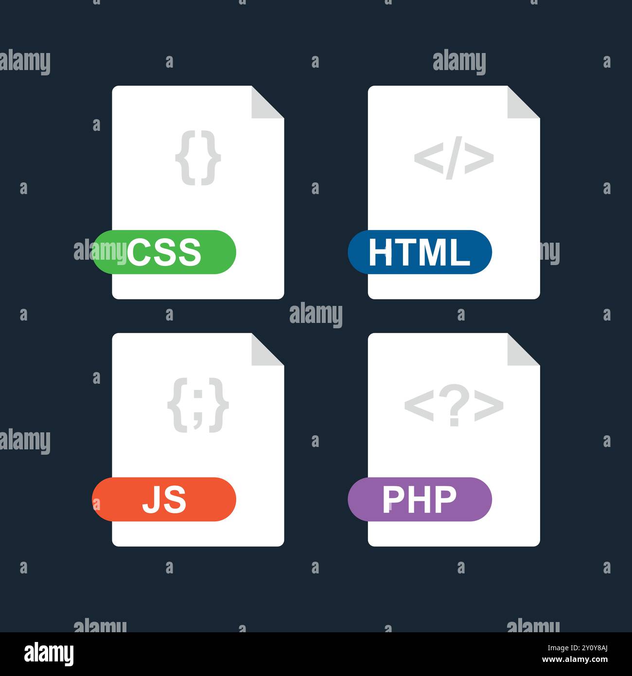 CSS, html, js, php. Sammlung des flachen Symbols für das Dateiformat der Webentwicklung. Vektor Stock Vektor