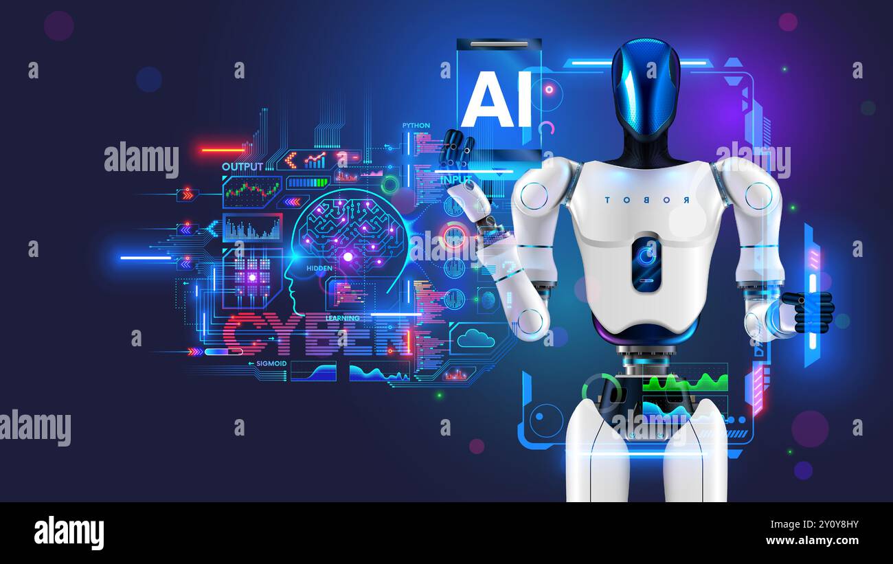 KI oder künstliche Intelligenz kontrollieren mechanischer humanoider anthropomorpher Roboter. Künstliches neuronales Netzwerk Lernkontrolle Roboterkörper. Roboter mit H Stock Vektor