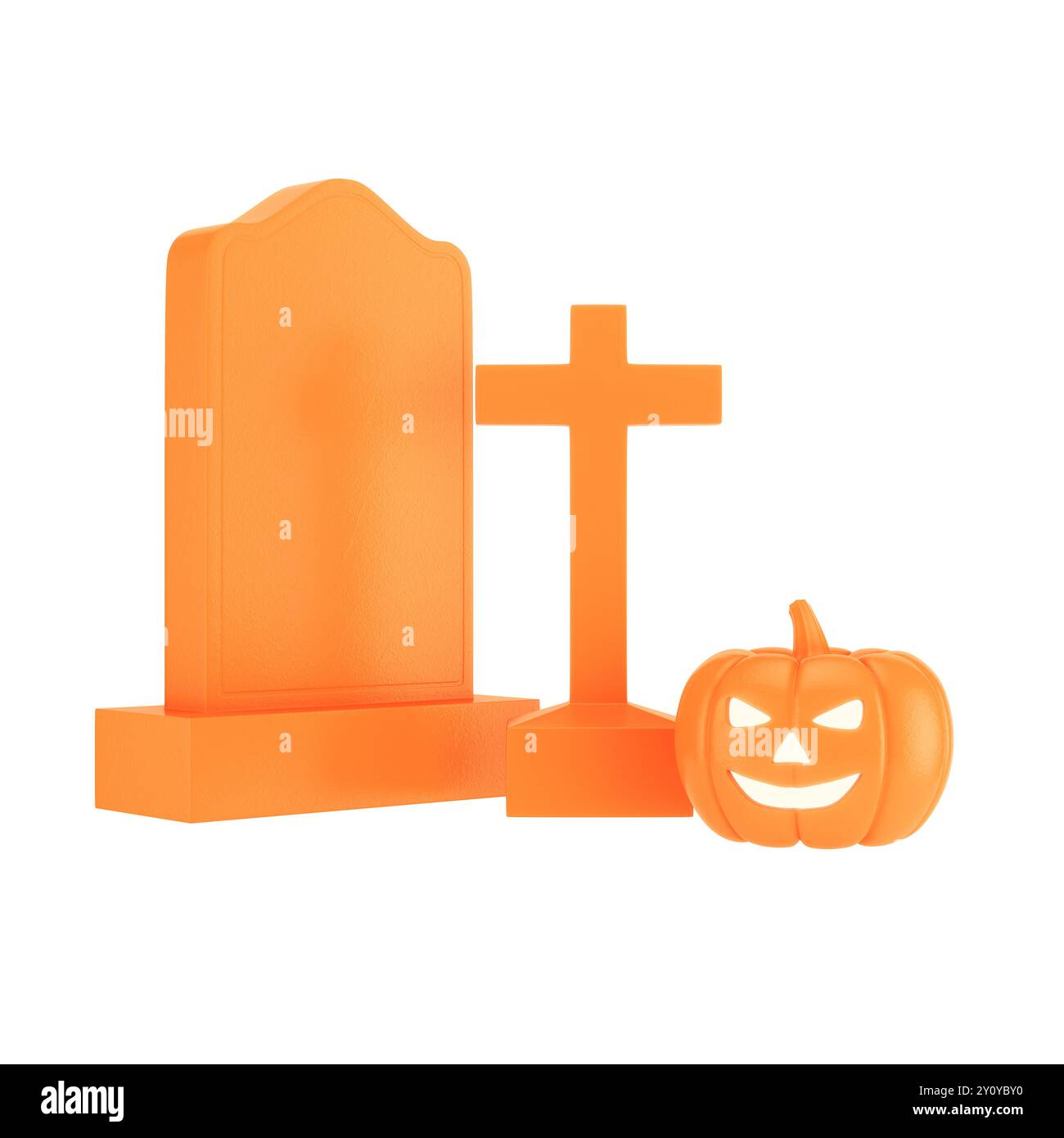 Glühender Kürbis mit Jack-o'-Laterne neben einem Grabstein und Kreuz isoliert auf weißem Hintergrund. 3D-Rendering Stockfoto