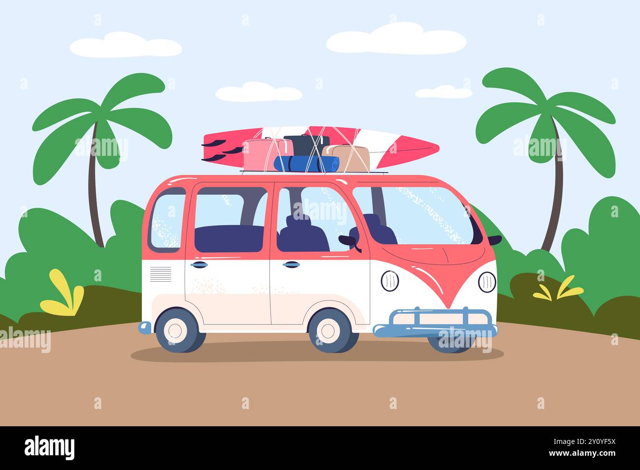 Surfbus. Van Bus mit Surfbrett und Touristen Gepäck, Retro Vintage Fahrzeug Hippie Road Trip kalifornien Reise tropischer Strand Palme Hintergrund Vektor Illustration Original Kunstwerk Stock Vektor