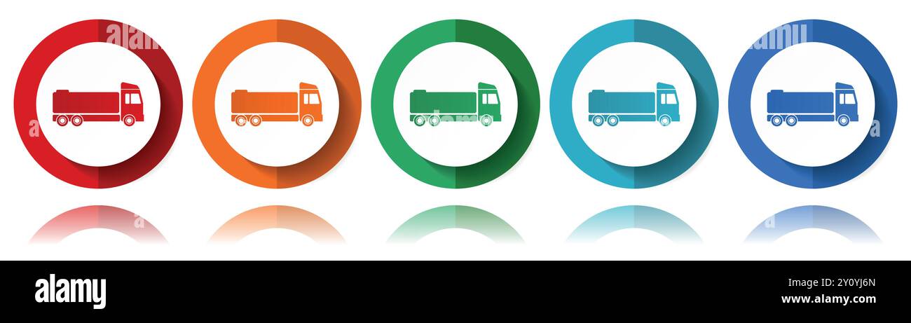 Lkw, Vektorsymbole für Kraftstoffbehälter, flaches Symbolset für Logo-Design, Webdesign und mobile Anwendungen, farbenfrohe Web-Buttons-Kollektion in eps 10 Stock Vektor
