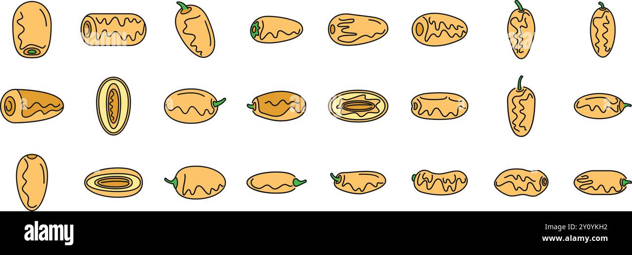 Diese Vektor-Illustration enthält eine Reihe von Symbolen, die Datumsfrüchte in verschiedenen Positionen, Winkeln und Schnitten darstellen und eine umfassende visuelle Darstellung dieser süßen und nahrhaften Frucht bieten Stock Vektor