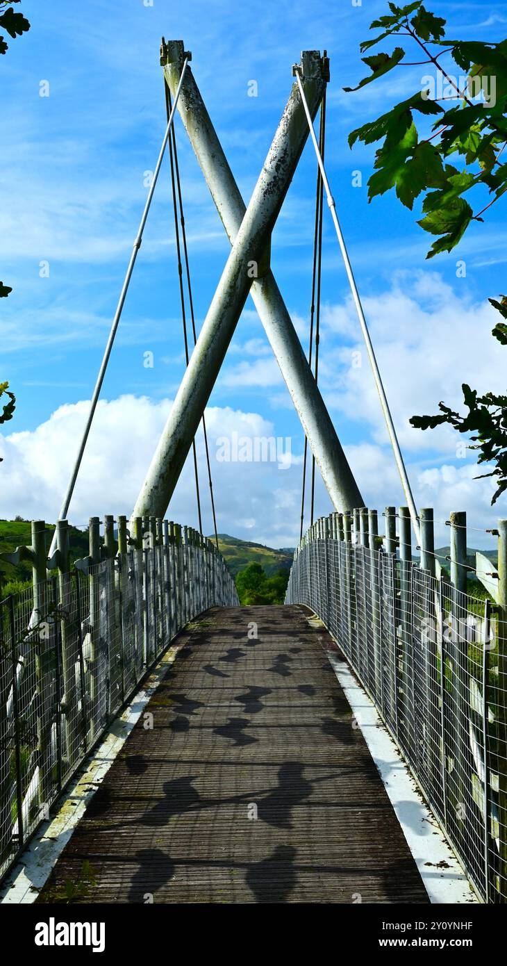 Millennium Bridge für Fußgänger und Radfahrer über den Afon Dyfi (Fluss Dovey) in der Nähe von Machynlleth Powys in Wales. Stockfoto