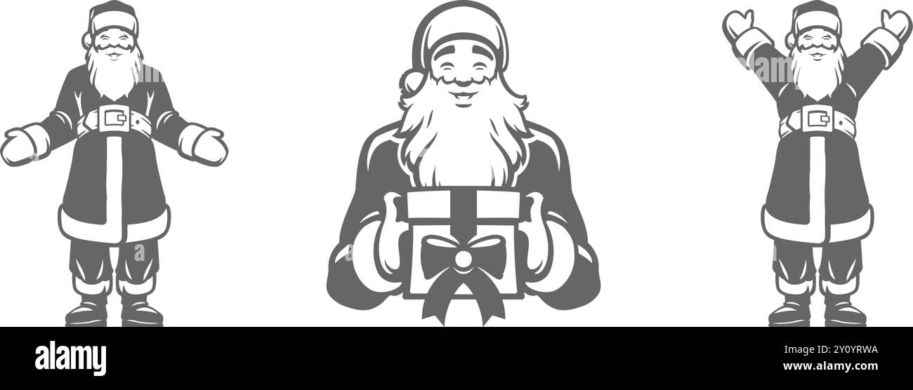 Satz von Vektorillustrationen von Silhouetten der glücklichen Weihnachtsklausel, die während der Weihnachtsfeier Geschenk und gestikuliert Stock Vektor