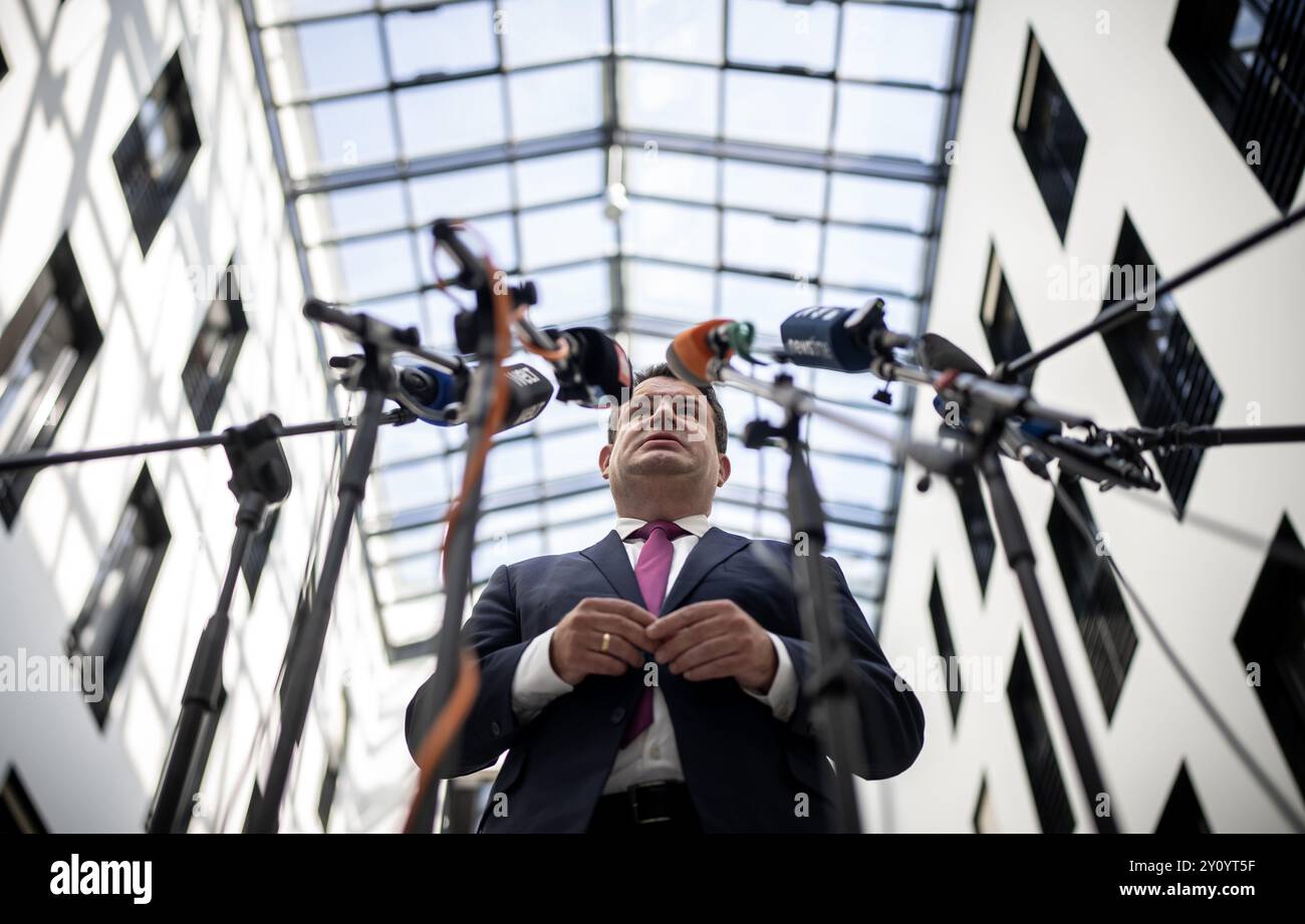 Berlin, Deutschland. September 2024. Hubertus Heil (SPD), Bundesminister für Arbeit und Soziales, spricht in einer Pressemitteilung zu den pensionspolitischen Maßnahmen der Wachstumsinitiative. Quelle: Michael Kappeler/dpa/Alamy Live News Stockfoto