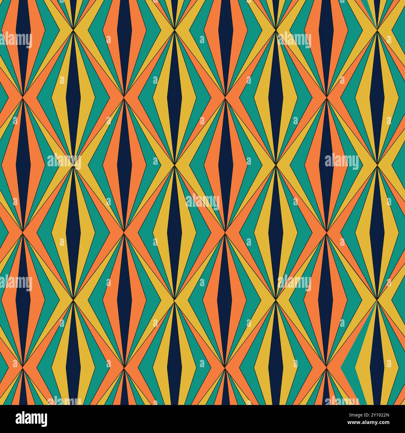 Vintage geometrische bunte Diamantformen nahtloses Muster in Orange, Petrol, Gelb und Schwarz. Für Web-Hintergrund, Tapeten, Wohnkultur und Stoff Stock Vektor