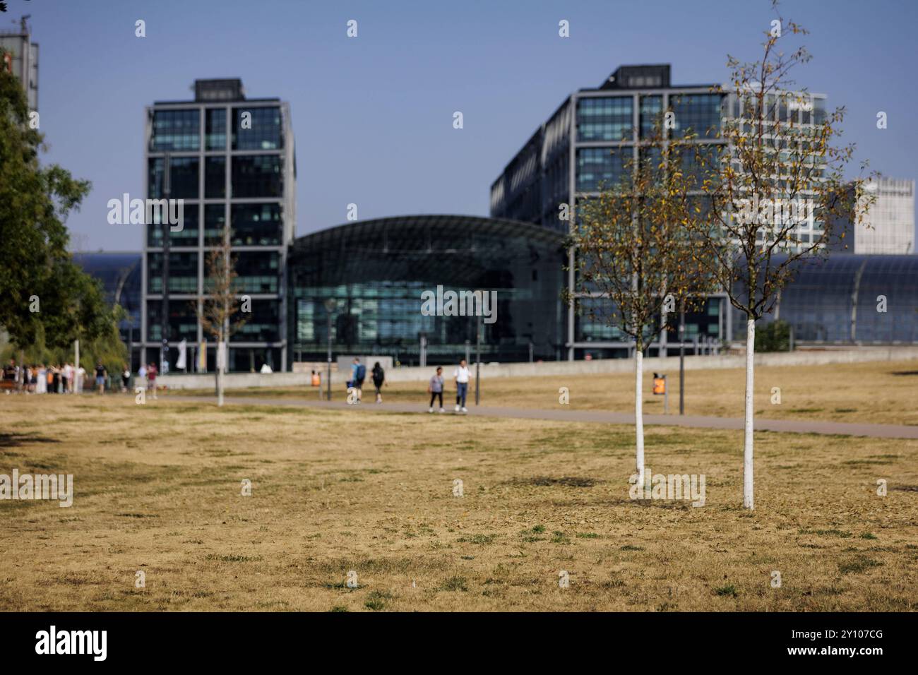 Vertrocknete Wiese im Spreebogenpark in Berlin, 04.09.2024. Im Hintergrund der Berliner Hauptbahnhof. Berlin Deutschland *** Trockenwiese im Spreeboge Stockfoto
