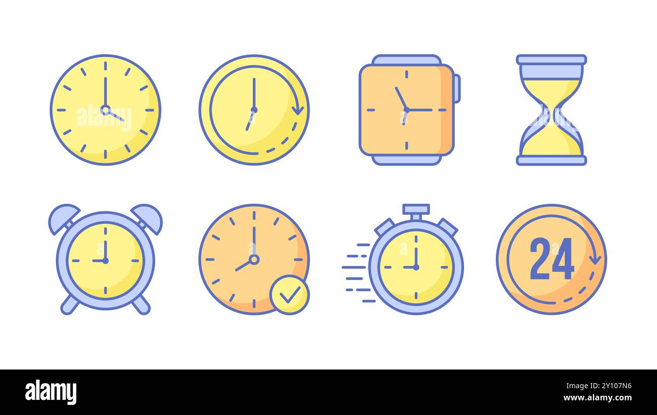 Satz farbenfroher Uhr- und Zeitsymbole mit bearbeitbarem Kontur. Vektorabbildung Stock Vektor