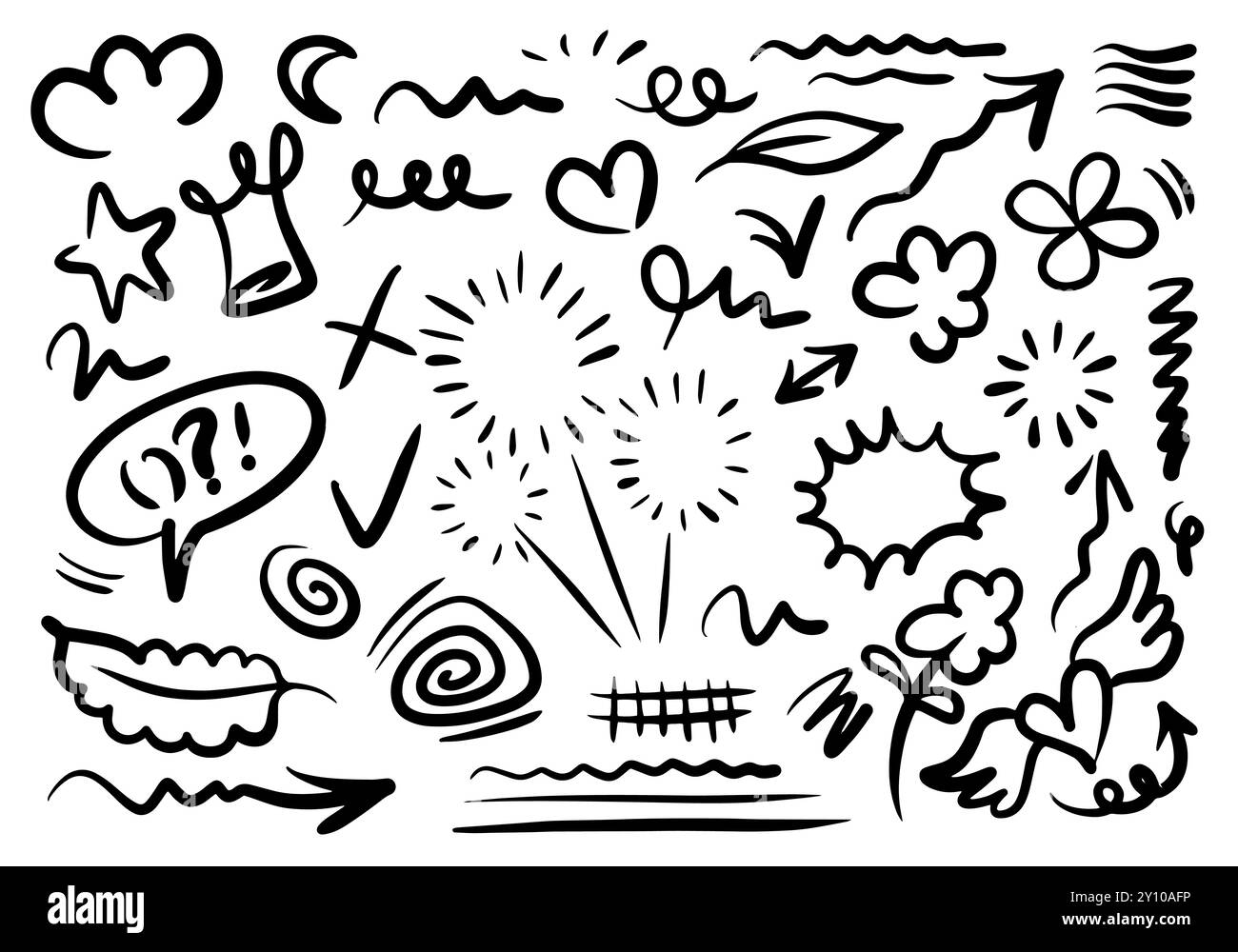 Blätter, Herzen, abstrakte, Bänder, Pfeile und andere Elemente in handgezeichneten Stilen für Konzeptdesigns. Illustration mit Kritzeleien. Vektorvorlage für Decora Stock Vektor