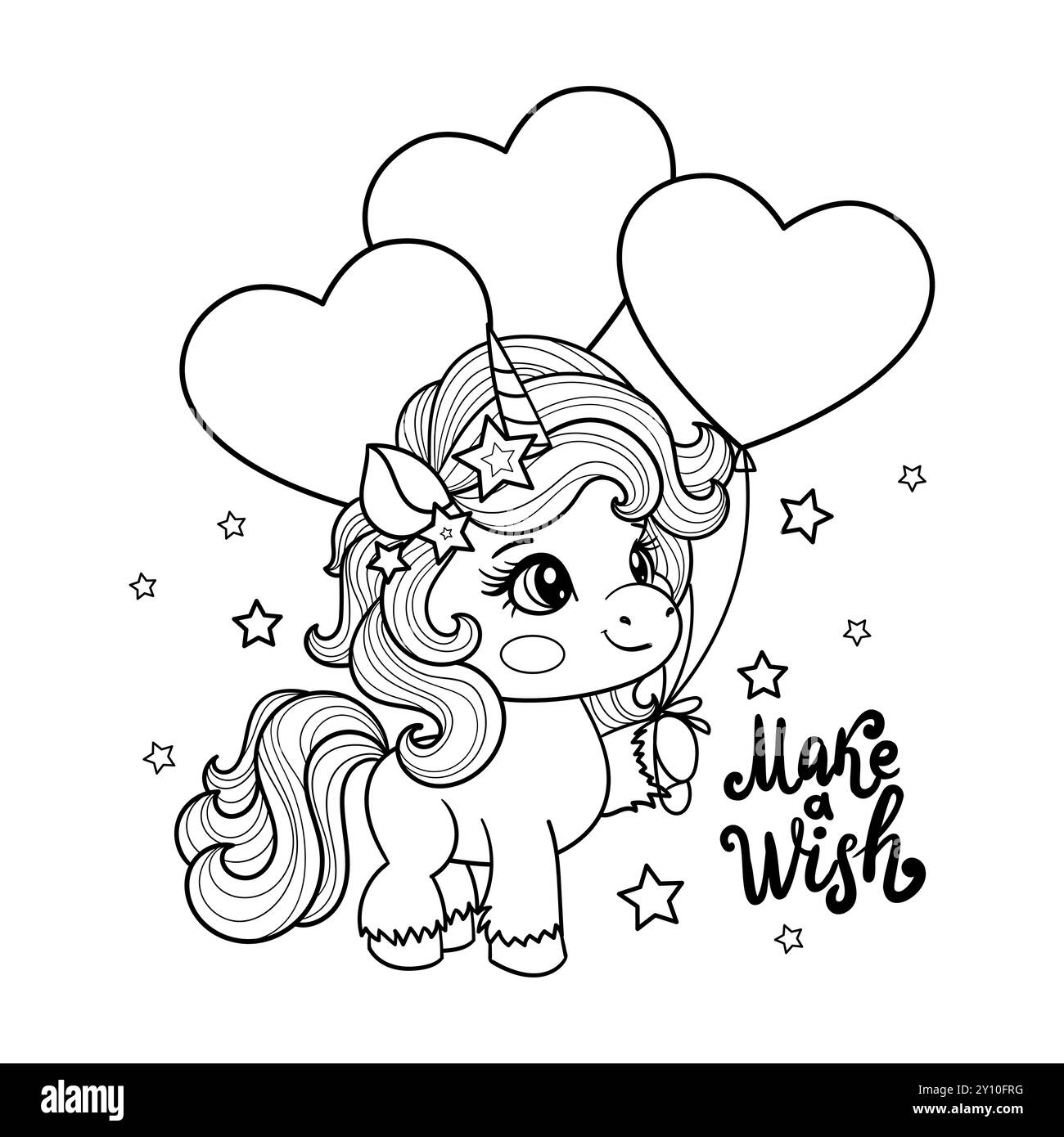 Wünschen Sie sich etwas. Niedliches Party-Einhorn mit Ballons. Malbuch-Seite mit farbenfroher Vorlage. Vektor-Zeichentrickillustration isoliert auf weißem Hintergrund. Fo Stock Vektor