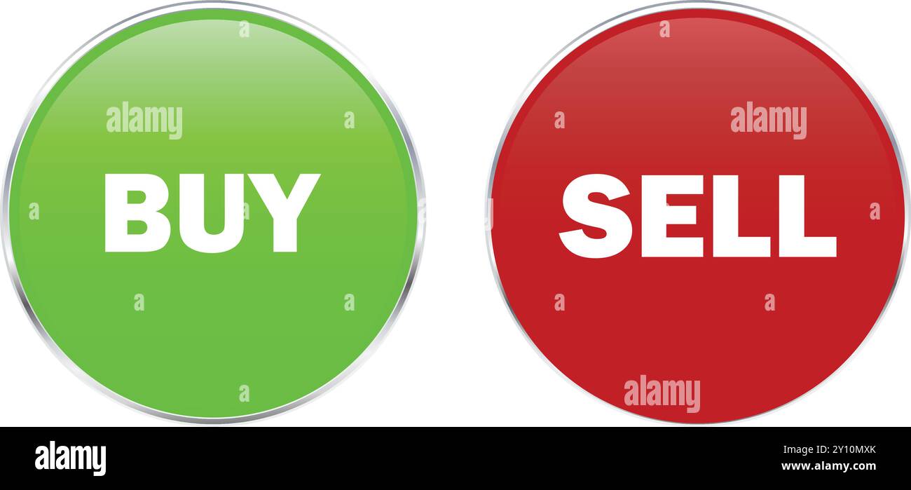 Rote Schaltflächen kaufen und verkaufen, silberne Schaltfläche für Kaufen und Verkaufen, Symbol für Trading, Börsenvorlage, Vorlage für Trading Stock Vektor