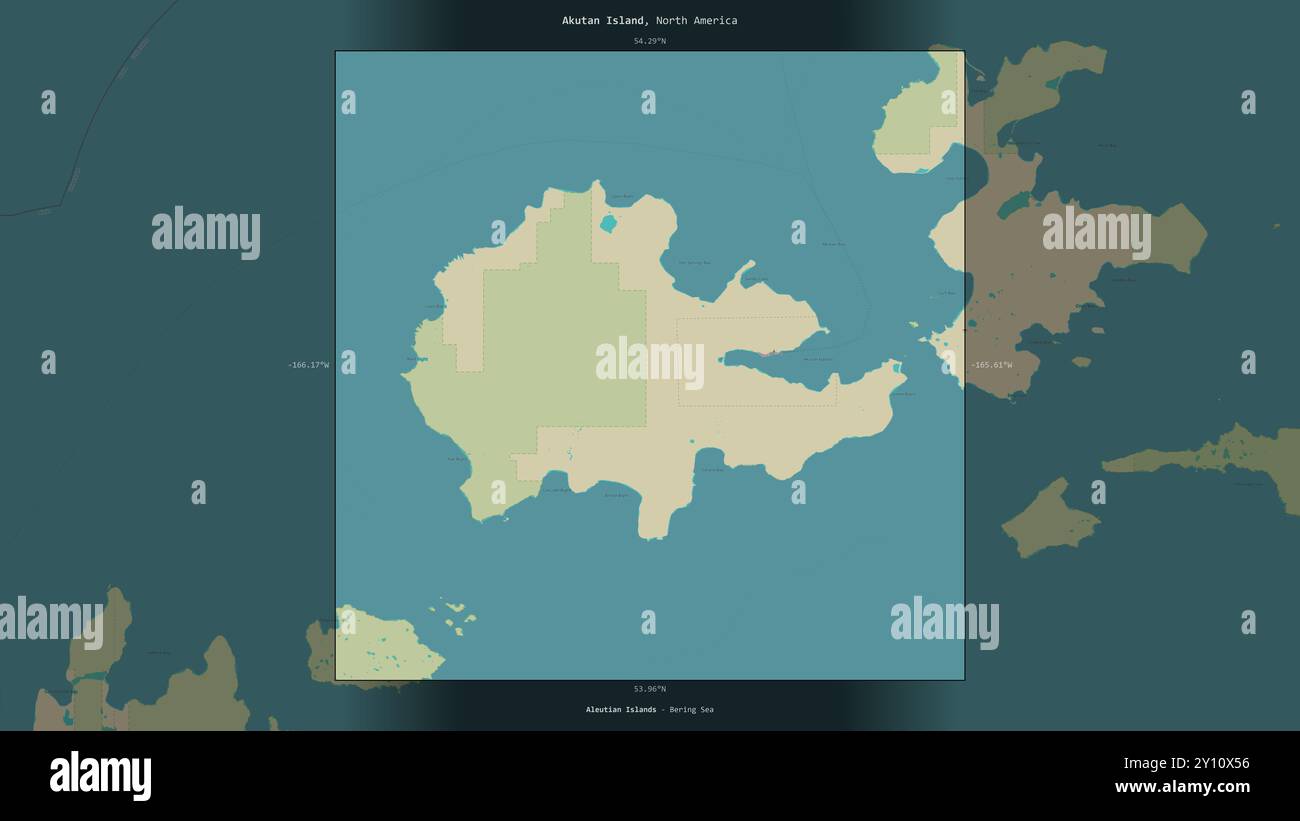 Akutan Island in der Beringsee, die zu den Vereinigten Staaten gehört, wurde auf einer topografischen Karte im humanitären OSM-Stil beschrieben und hervorgehoben Stockfoto