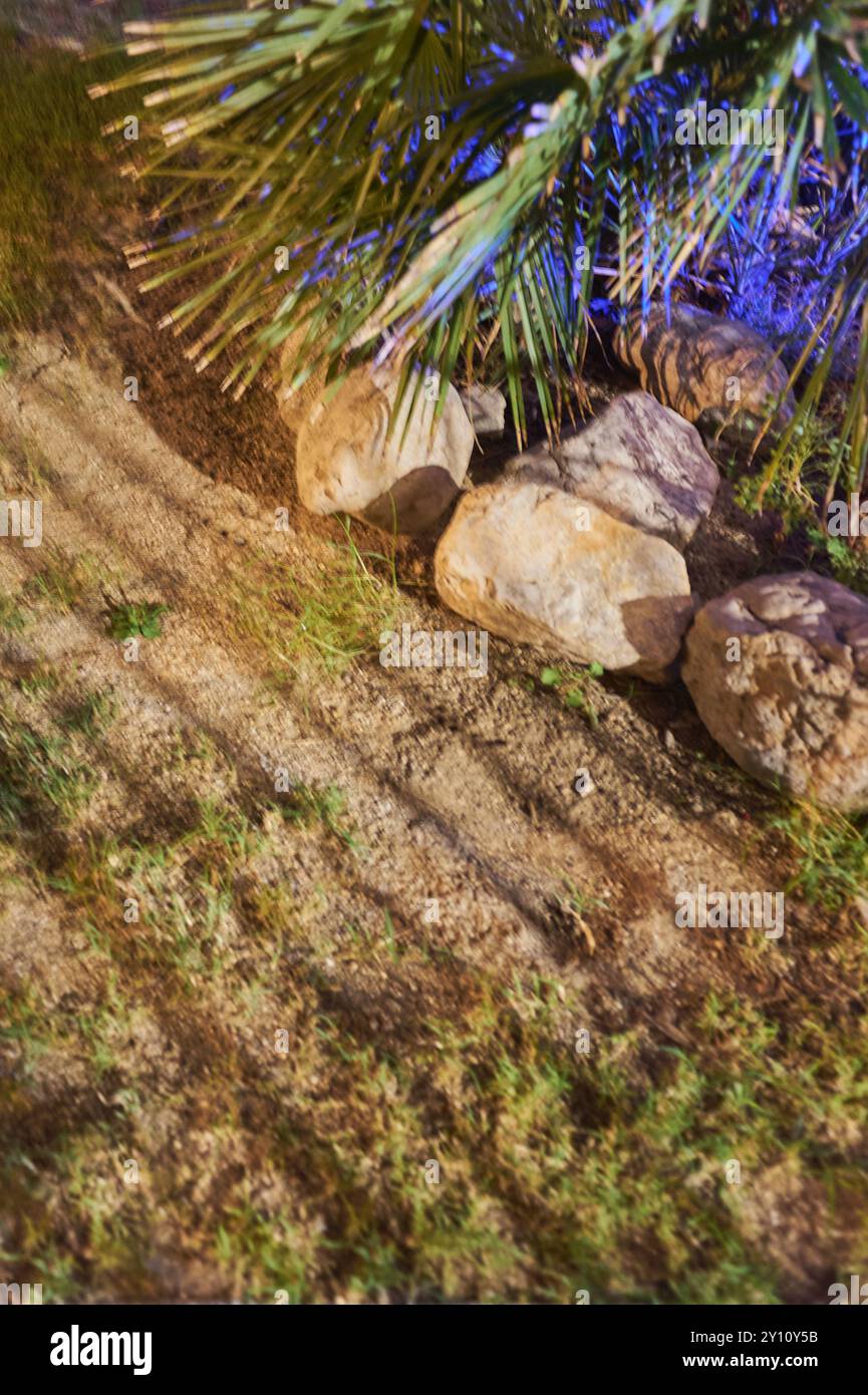 Beleuchteter Pfad bei Nacht umgeben von Steinen und Grün in einer ruhigen Umgebung. Stockfoto