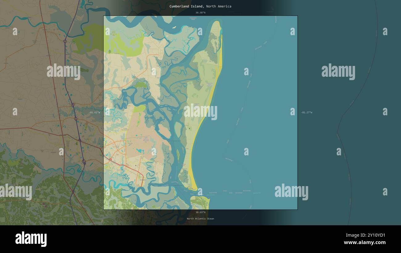 Cumberland Island im Nordatlantik, die zu den Vereinigten Staaten gehört, wurde auf einer topografischen Karte im humanitären OSM-Stil beschrieben und hervorgehoben Stockfoto