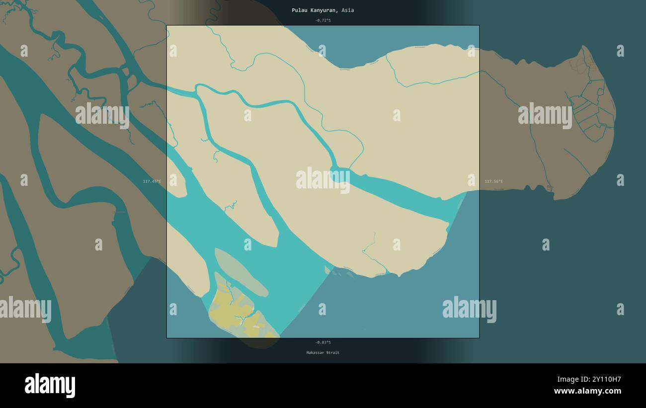 Pulau Kanyuran in der Makassar-Straße, die zu Indonesien gehört, beschrieben und hervorgehoben auf einer topografischen Karte im humanitären OSM-Stil Stockfoto