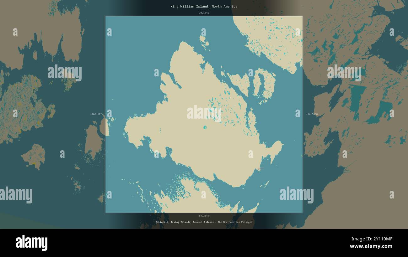 King William Island in den nordwestlichen Passagen, die zu Kanada gehören, beschrieb und markiert sie auf einer topografischen Karte im humanitären OSM-Stil Stockfoto