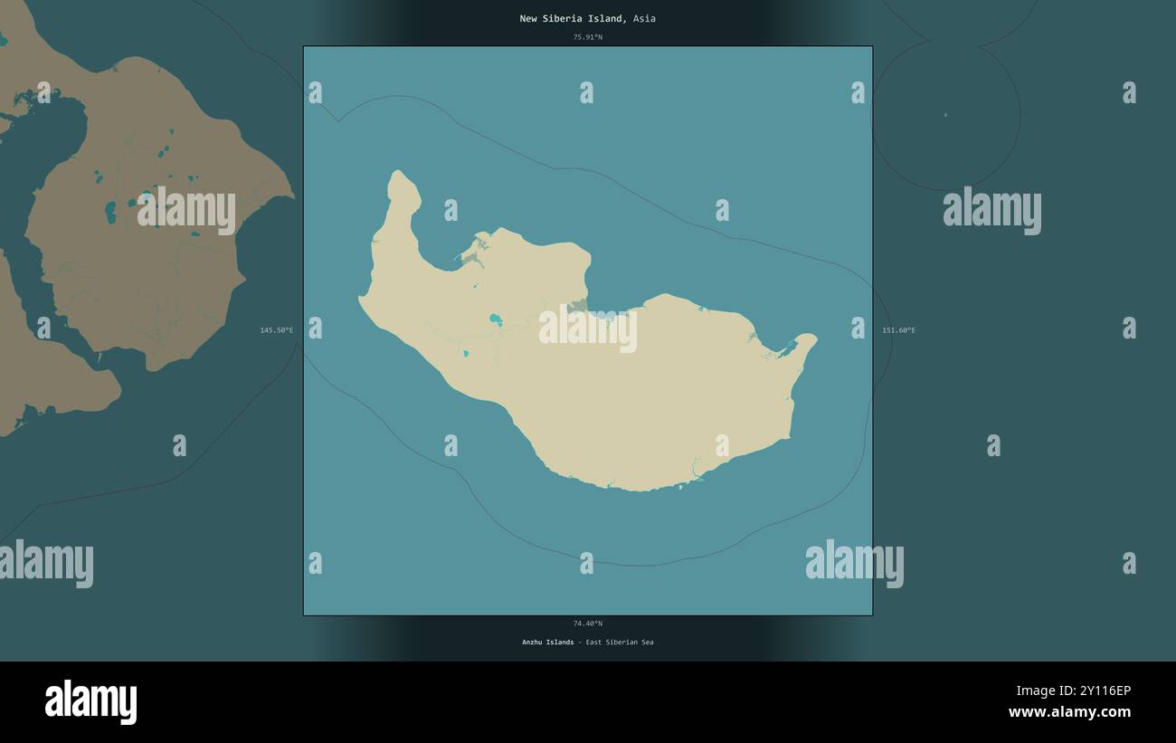 Neusibirien-Insel im Ostsibirischen Meer, die zu Russland gehört, wird auf einer topografischen Karte im humanitären OSM-Stil beschrieben und hervorgehoben Stockfoto