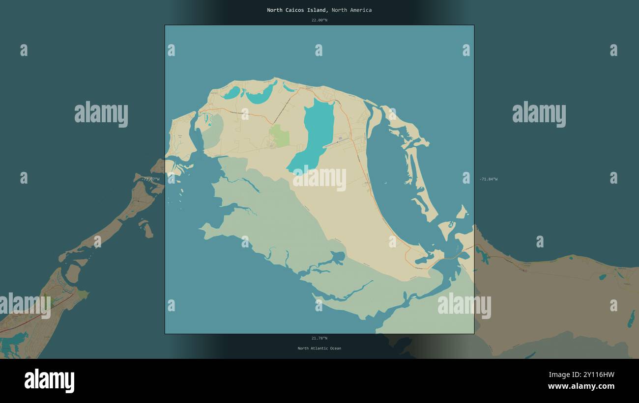 North Caicos Island im Nordatlantik, gehört zu den Turks- und Caicosinseln, beschrieben und hervorgehoben auf einem topographischen OSM Humanitarian s Stockfoto