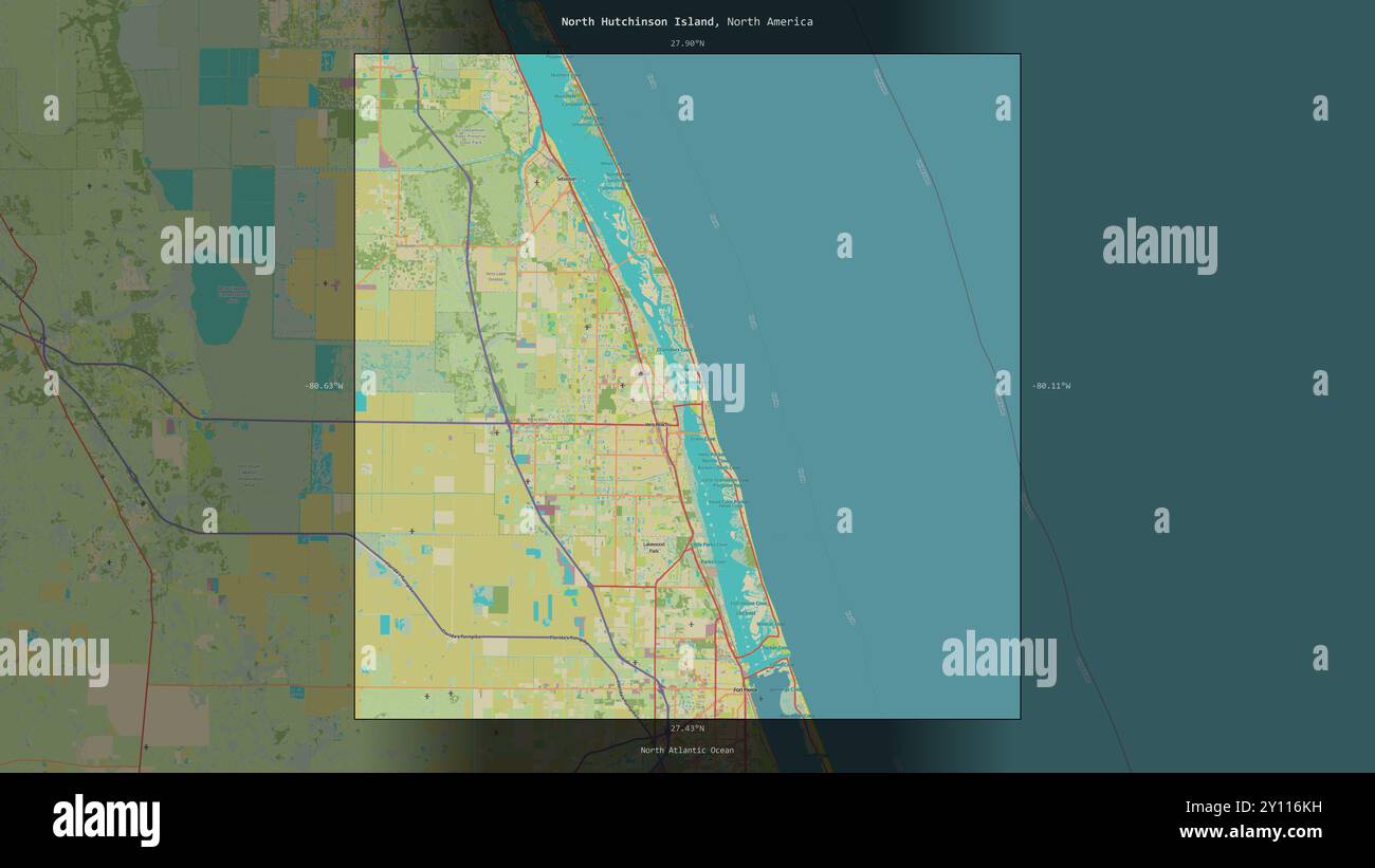 Die North Hutchinson Island im Nordatlantik, die zu den Vereinigten Staaten gehört, beschreibt und hebt sie auf einem topografischen, humanitären OSM-Stil hervor Stockfoto