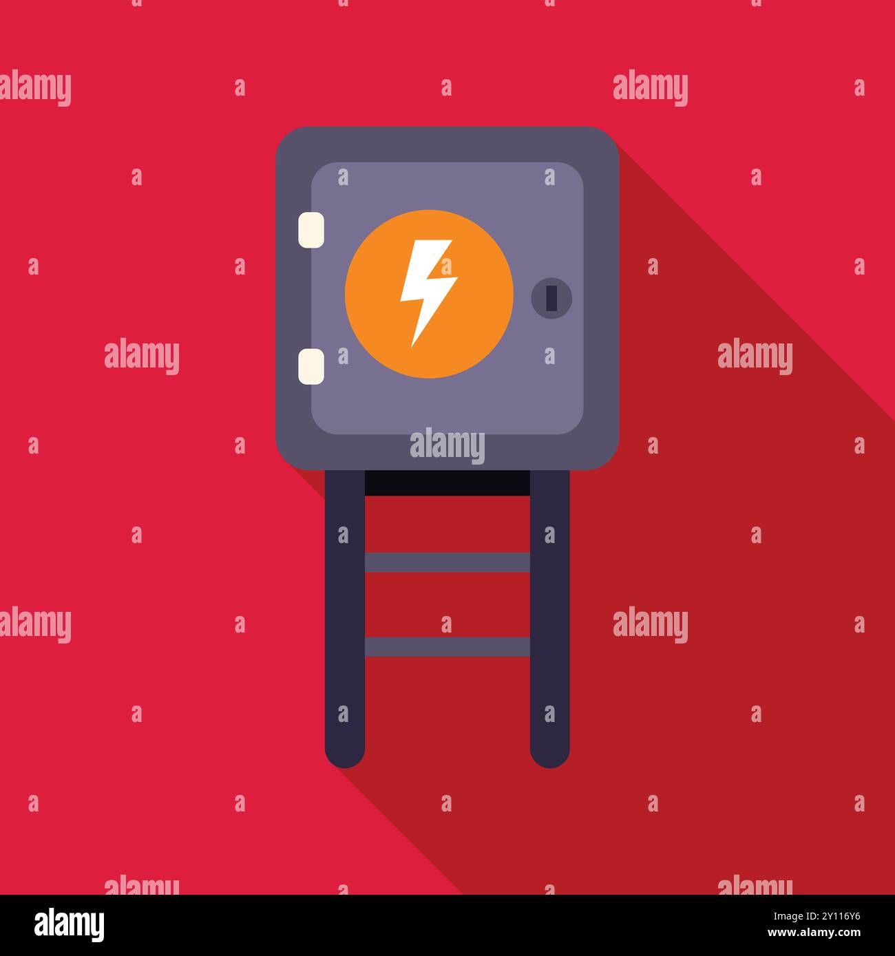 Grauer elektrischer Transformatorkasten mit einem Blitzsymbol auf rotem Hintergrund, der einen langen Schatten wirft Stock Vektor
