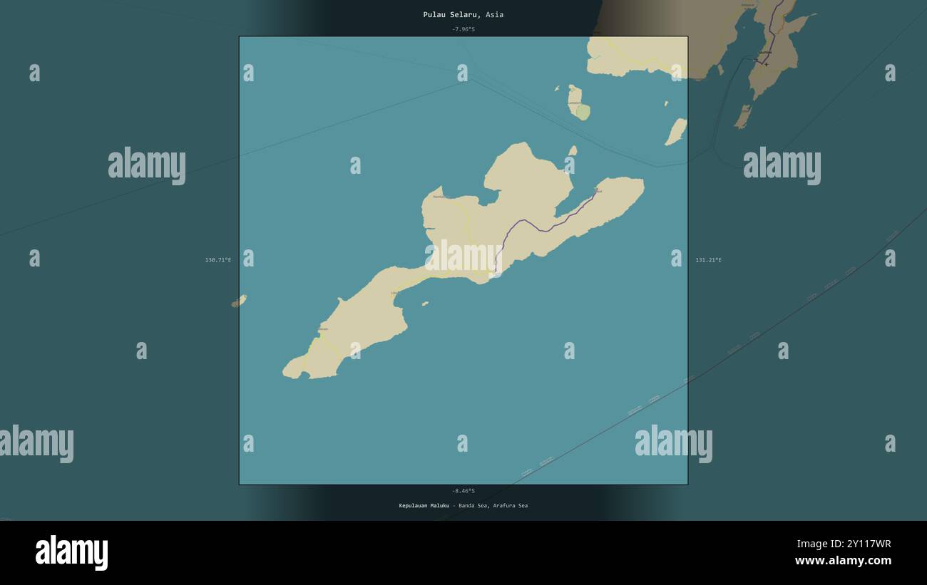 Pulau Selaru in der Banda-See, gehört zu Indonesien, beschreibt und markiert auf einer topografischen Karte im humanitären OSM-Stil Stockfoto
