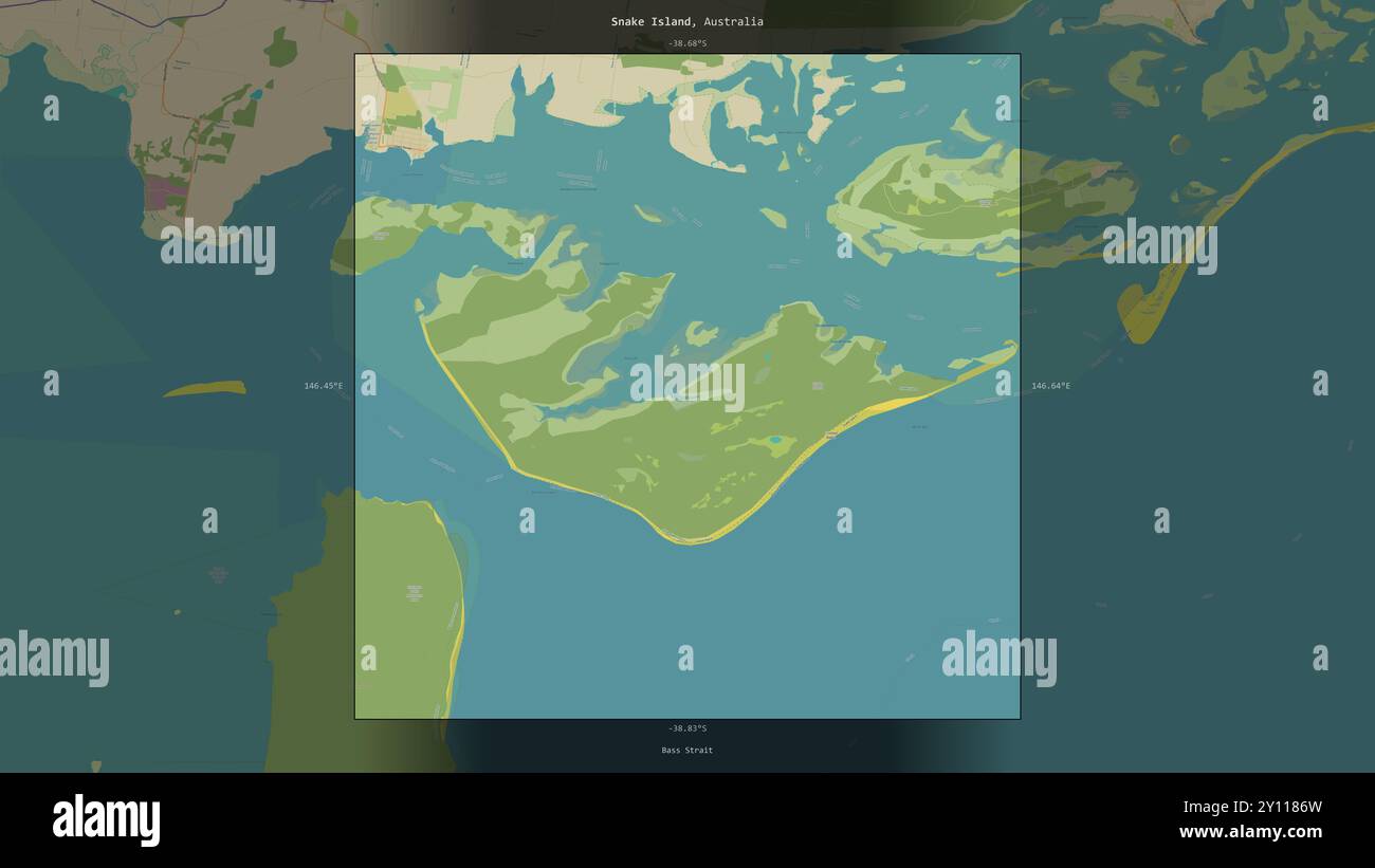 Snake Island in der Bass Strait, die zu Australien gehört, wurde auf einer topografischen Karte im humanitären OSM-Stil beschrieben und hervorgehoben Stockfoto
