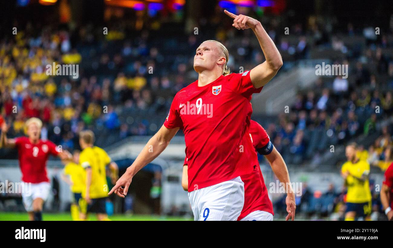 Norwegen Erling Haaland feiert sein Tor während des Spiels in der Nations League zwischen Schweden und Norwegen am 5. Juni 2022 in der Friends Arena in Solna Stockfoto