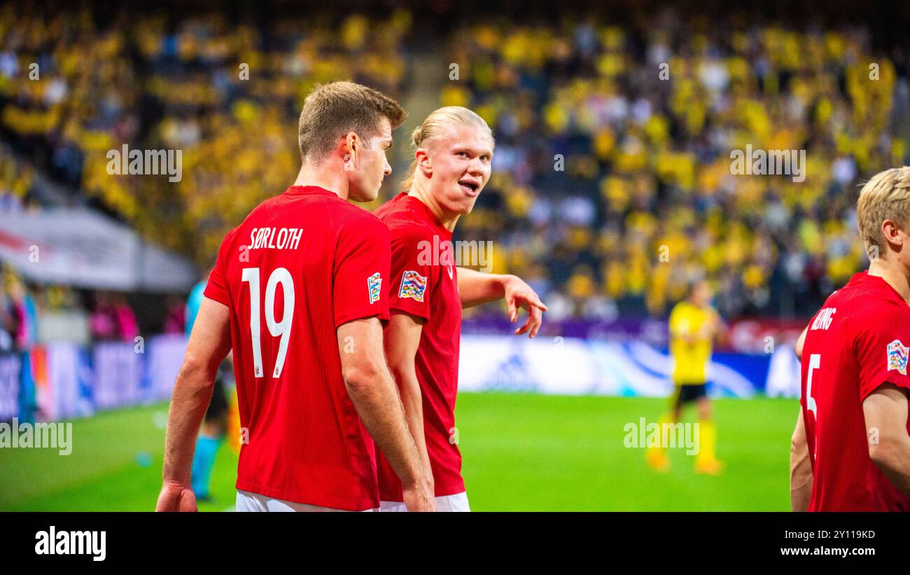 Norwegen Erling Haaland feiert sein Tor während des Spiels in der Nations League zwischen Schweden und Norwegen am 5. Juni 2022 in der Friends Arena in Solna Stockfoto