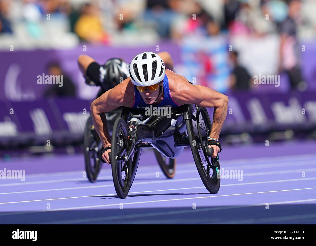 Stade de France, Paris, Frankreich. September 2024. Hannah Dederick von den Vereinigten Staaten von Amerika im 100-m-T54-Finale der Frauen während der Paralympischen Spiele in Paris 2024 im Stade de France, Paris, Frankreich. Ulrik Pedersen/CSM/Alamy Live News Stockfoto