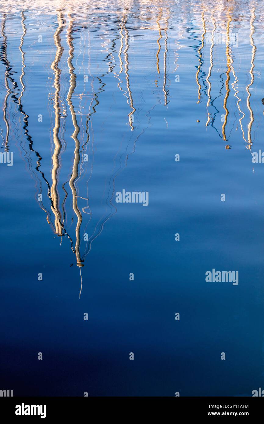 Die Masten der Boote, die im Yachthafen vertäut waren, spiegelten sich im leicht beweglichen Wasser. Porto Vecchio, Corse-du-Sud, Korsika, Frankreich Stockfoto