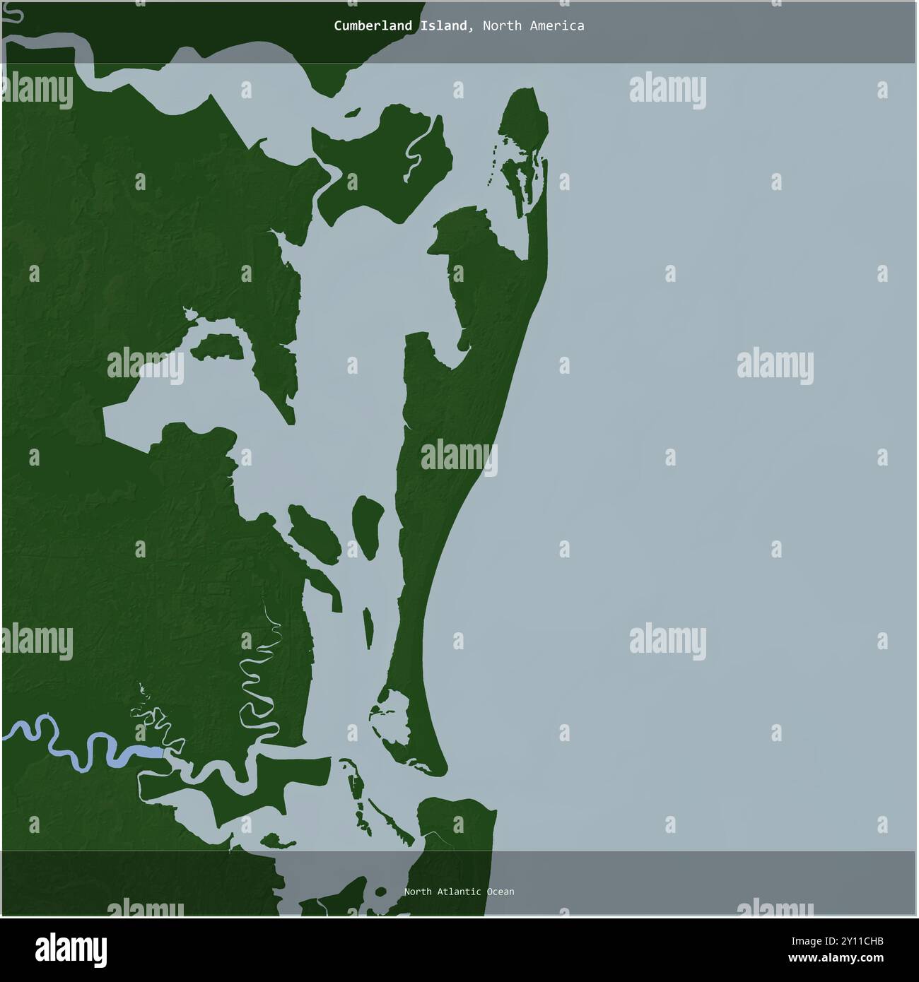 Cumberland Island im Nordatlantik, die zu den Vereinigten Staaten gehört, wurde auf einer farbigen Höhenkarte quadratisch zugeschnitten Stockfoto