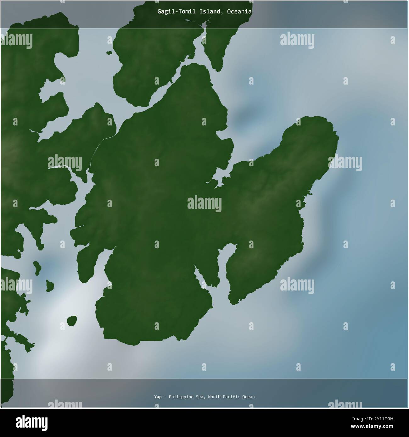 Die Insel Gagil-Tomil in der Philippinischen See, die zu Mikronesien gehört, wurde auf einer farbigen Höhenkarte quadratisch zugeschnitten Stockfoto