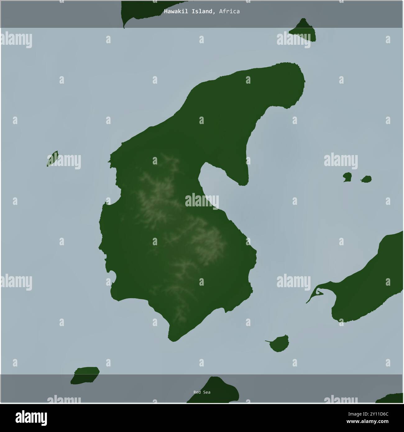 Die Insel Hawakil im Roten Meer, die zu Eritrea gehört, wurde auf einer farbigen Höhenkarte quadratisch zugeschnitten Stockfoto