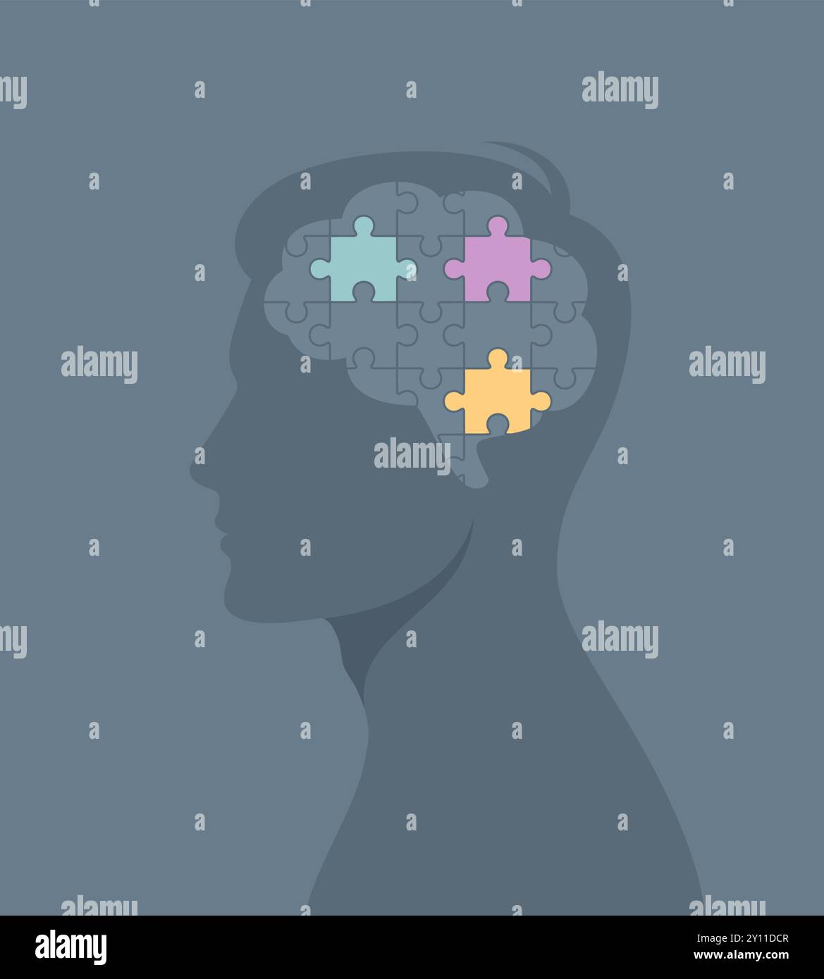 Graues Gehirnpuzzle mit einigen farbigen Stücken im Kopf einer menschlichen Silhouette. Illustration des flachen Vektors Stock Vektor
