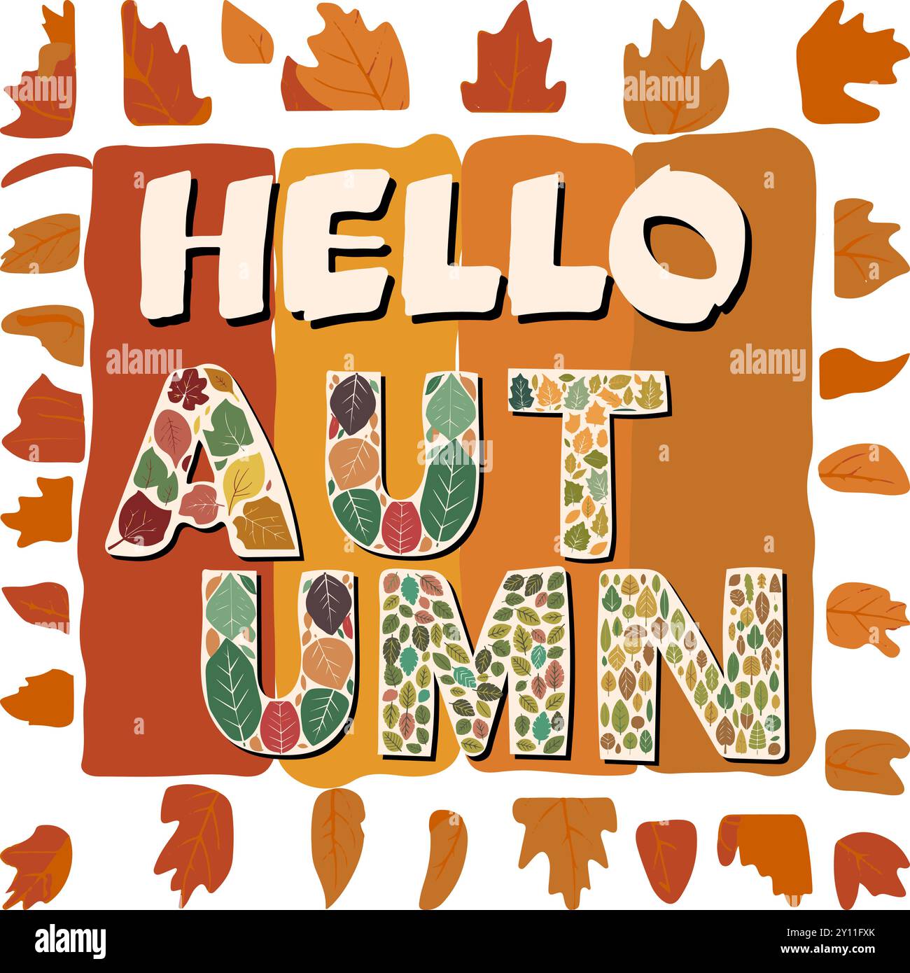 Hallo Herbststimmung. Diese auffällige und farbenfrohe Grafik zeigt in der Mitte die Worte „HALLO HERBST“. Jeder Brief ist mit komplizierten Herbstthemen gefüllt Stock Vektor