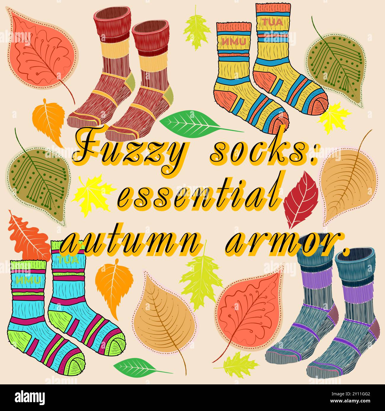 Dieses lebendige Bild zeigt eine Kollektion farbenfroher, gemusterter Socken, die an die Wärme und den Komfort des Herbstes erinnern. Auf weichem beigefarbenem Hintergrund Stock Vektor