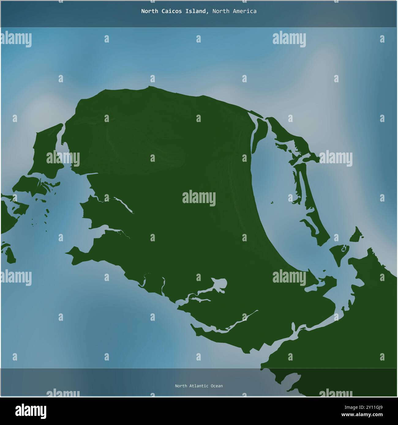 Die North Caicos Island im Nordatlantik, die zu den Turks- und Caicosinseln gehört, wurde auf einer farbigen Höhenkarte quadratisch geschnitten Stockfoto