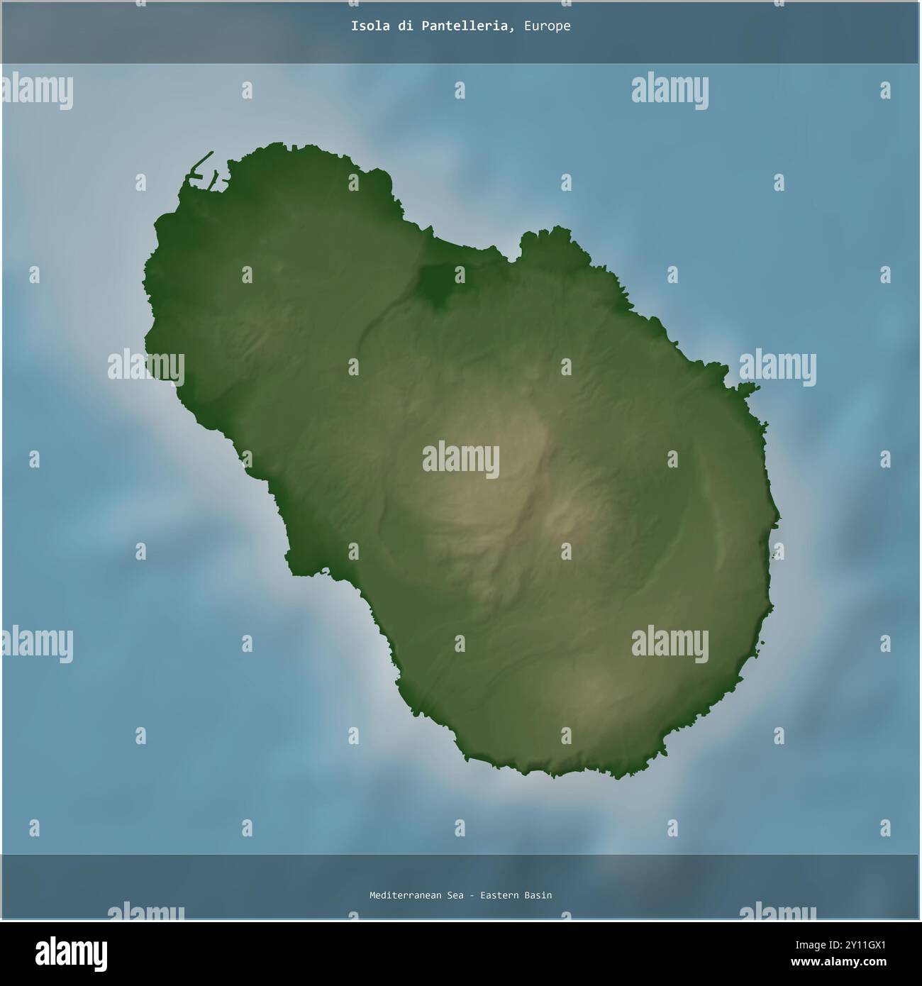 Isola di Pantelleria im Mittelmeer - östliches Becken, das zu Italien gehört, wurde auf einer farbigen Höhenkarte quadratisch zugeschnitten Stockfoto
