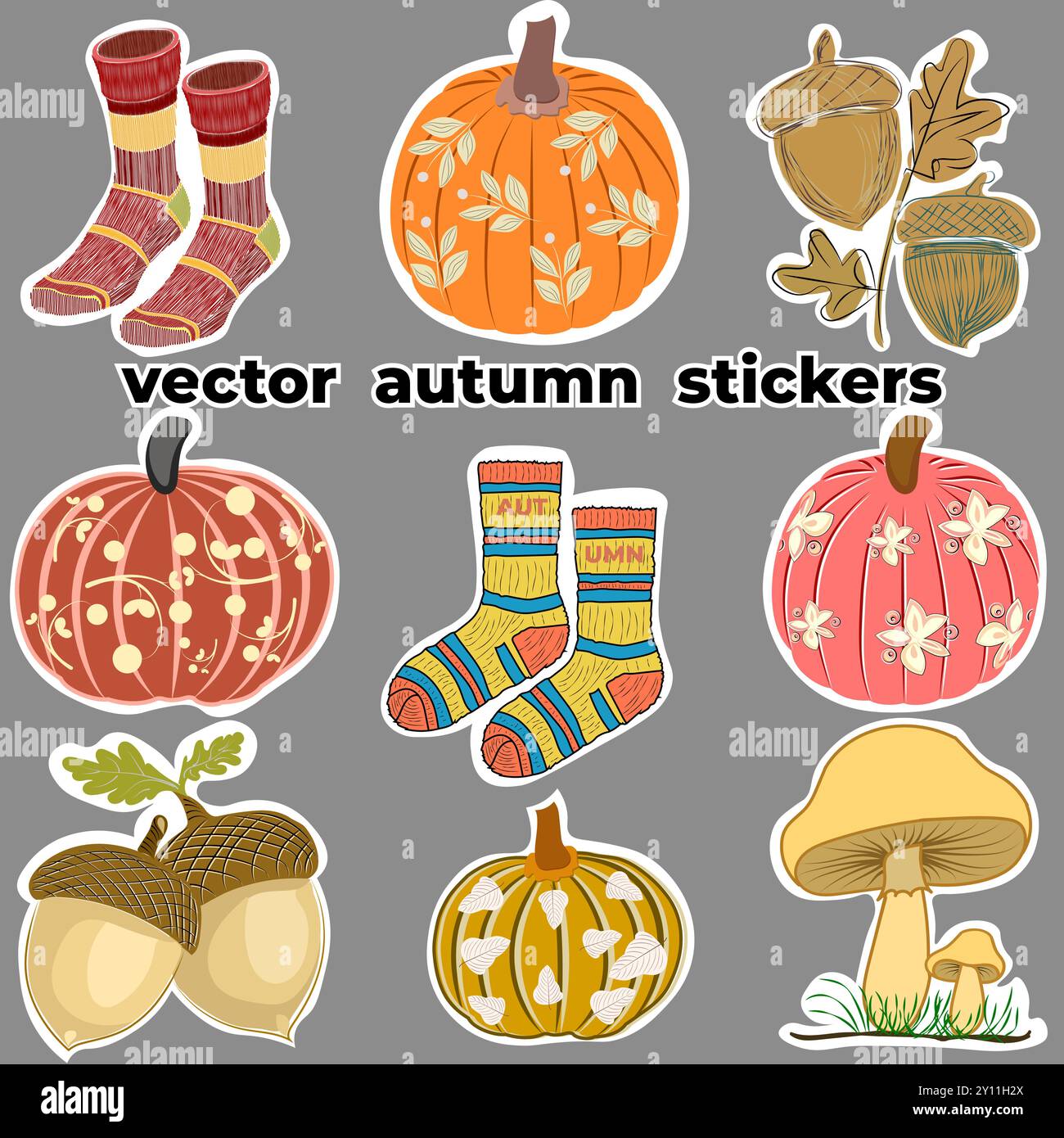 Dieses lebendige Bild zeigt eine wunderschöne Sammlung von herbstlichen Vektoraufklebern, die perfekt für die saisonale Dekoration sind. Das Set besteht aus zwei Paar warm, p Stock Vektor