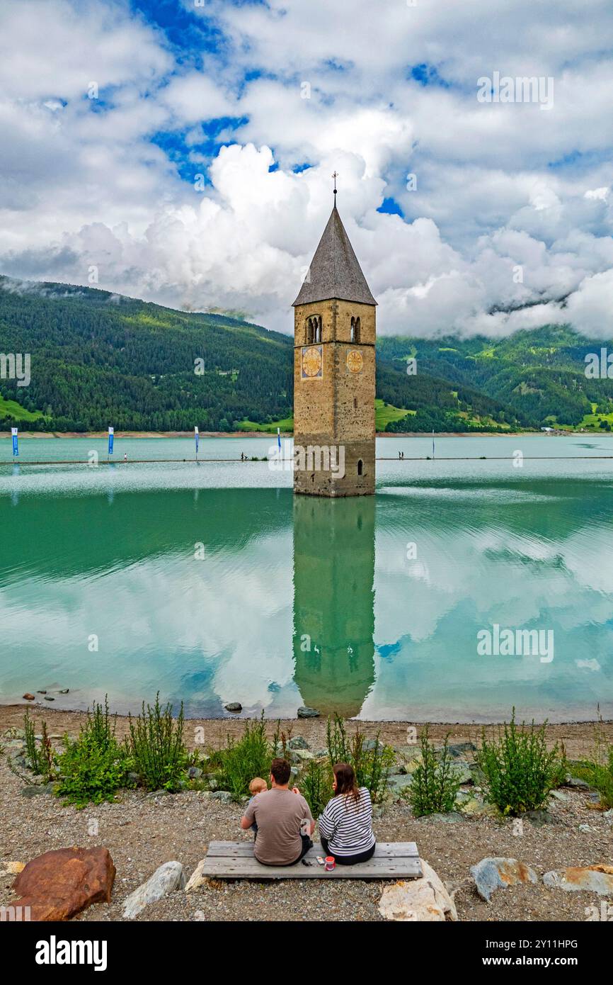 Kirchturm von Alt-Graun im Reschensee, Vinschgau, Trentino-Südtirol, Graun, Curon Vinschgau, Graun im Vinschgau, Vinschgau, Provinz Bozen, Südtirol, Südtirol, Alpen, Trentino-Südtirol, Italien, Italien Stockfoto