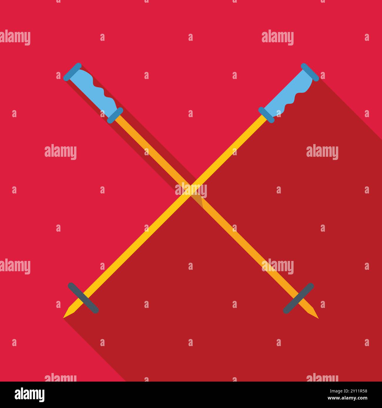Zwei gelbe Trekkingstöcke mit blauen Griffen, die sich kreuzen und eine X-Form auf rotem Hintergrund bilden Stock Vektor