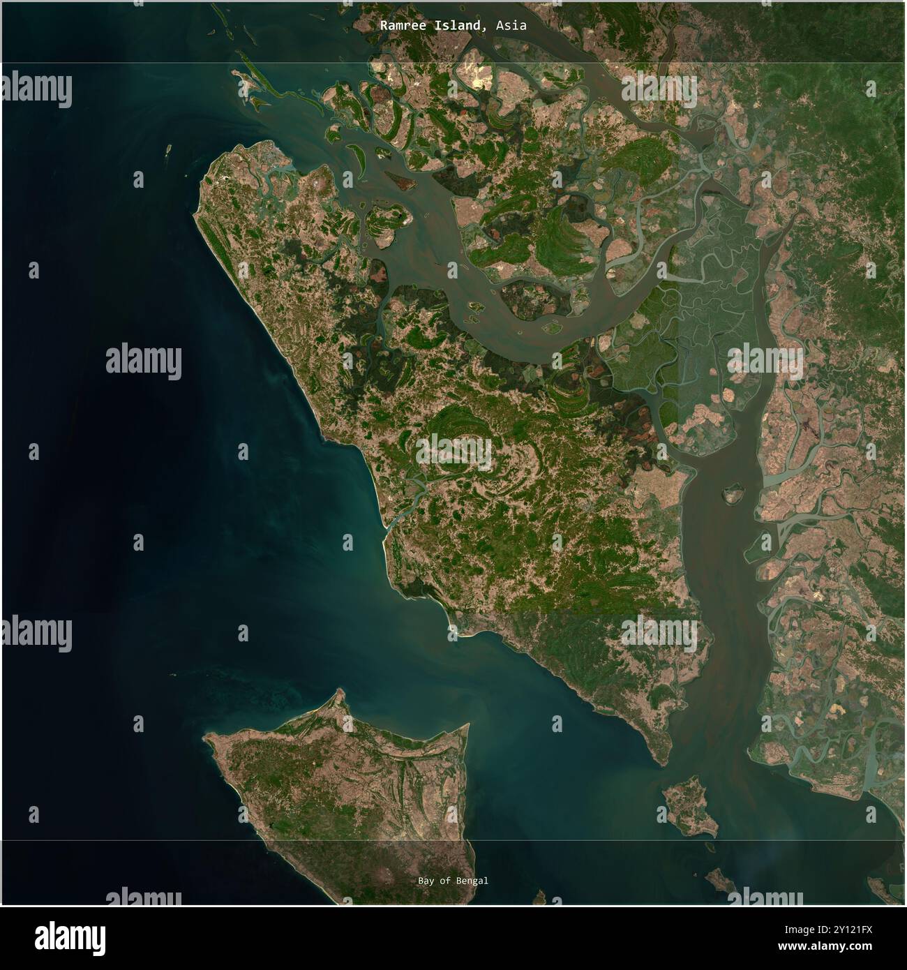 Ramree Island in der Bucht von Bengalen, die zu Myanmar gehört, wurde auf einem Satellitenbild vom 23. Januar 2023 quadratisch zugeschnitten Stockfoto