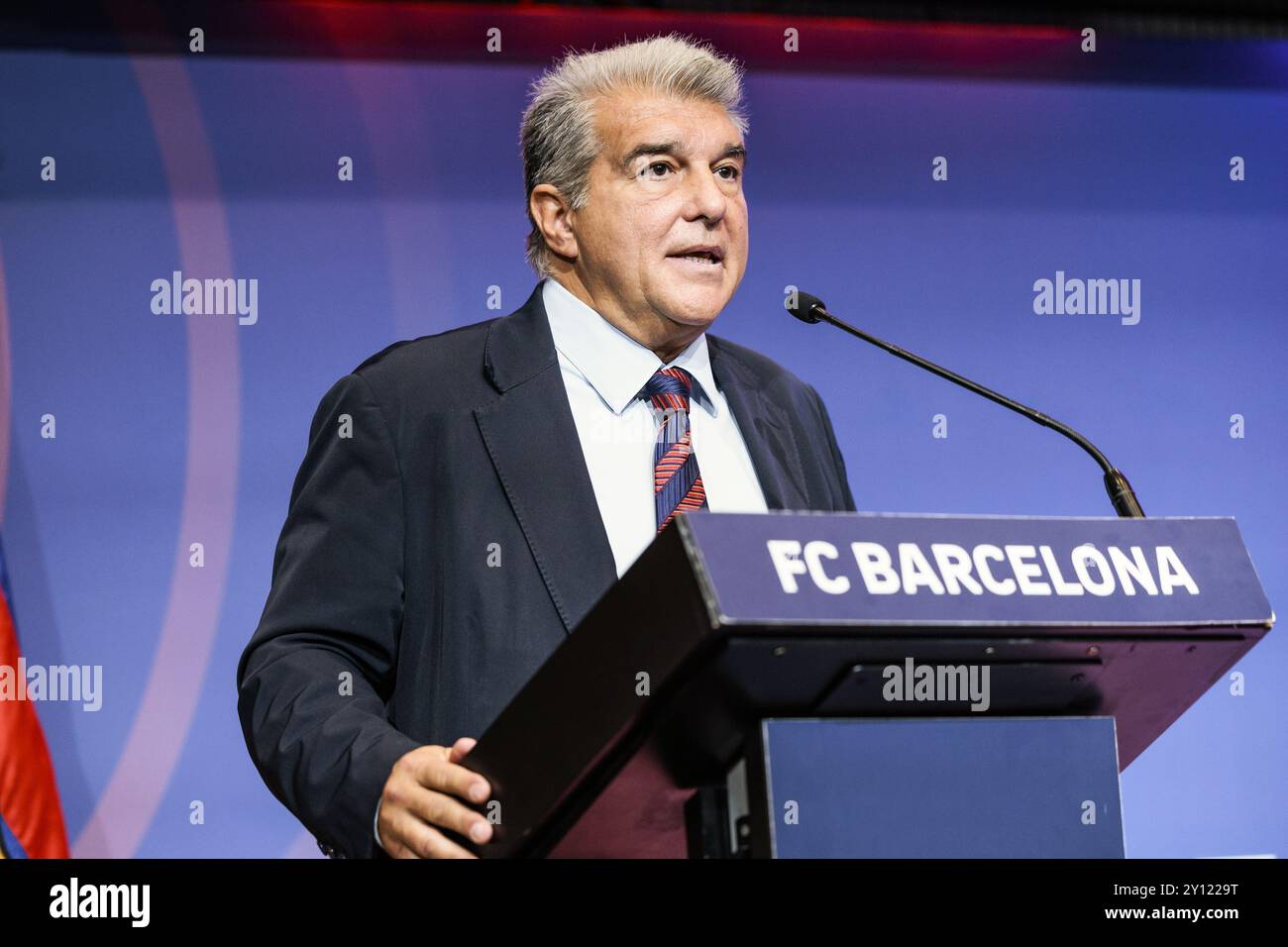 Joan Laporta, Präsident des FC Barcelona, nimmt an seiner Pressekonferenz Teil, um auf der Auditori 1899 am 3. September 2024 in Barcelona über die Lage des Vereins&#39;zu berichten. Foto Javier Borrego / SpainDPPI / DPPI Stockfoto