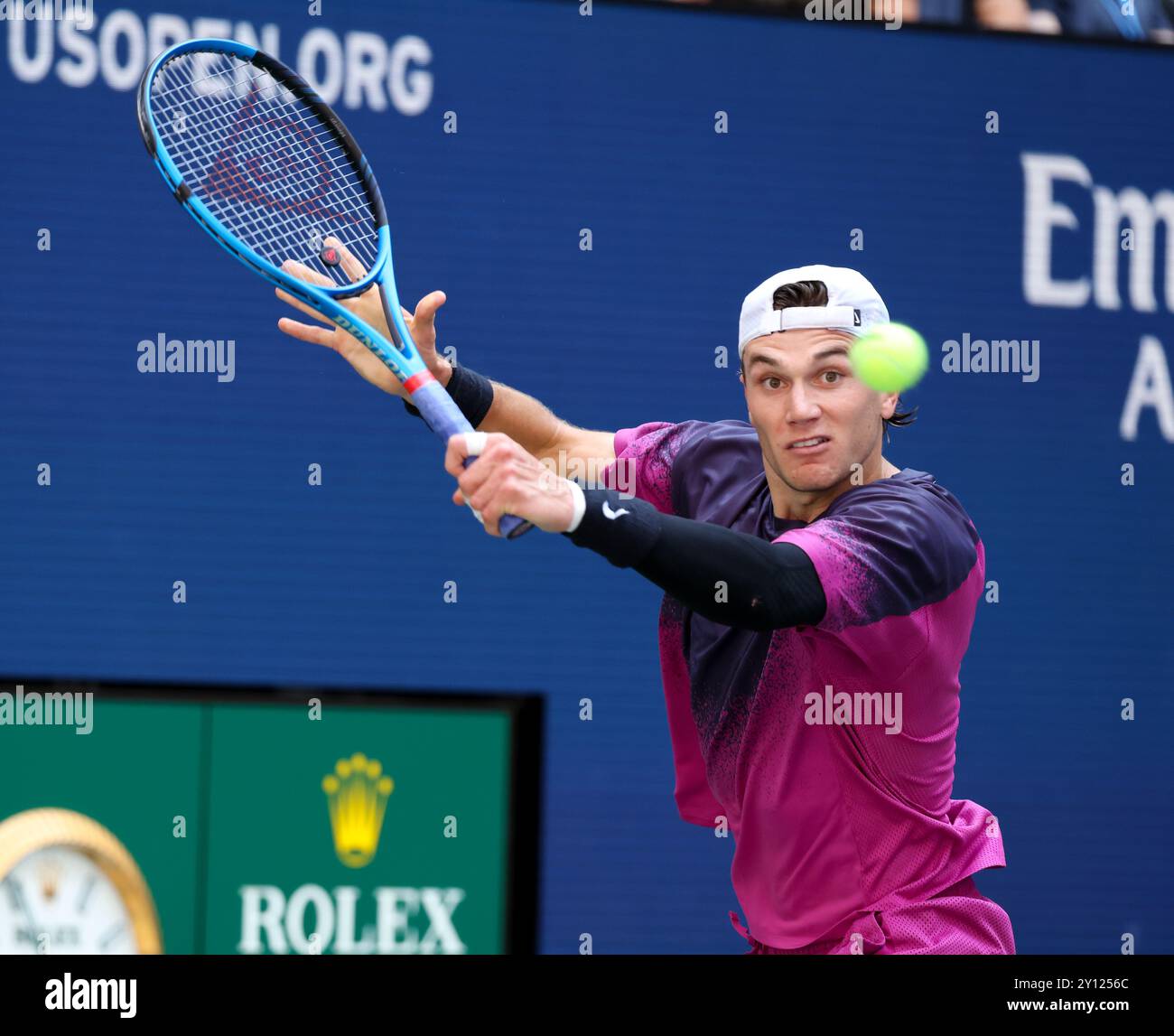 Flushing Meadows, US Open: Jack Draper von Great, UK. September 2024. In Aktion während seines Viertelfinalspiels gegen Alex de Minaur aus Australien bei den US Open Today. Quelle: Adam Stoltman/Alamy Live News Stockfoto