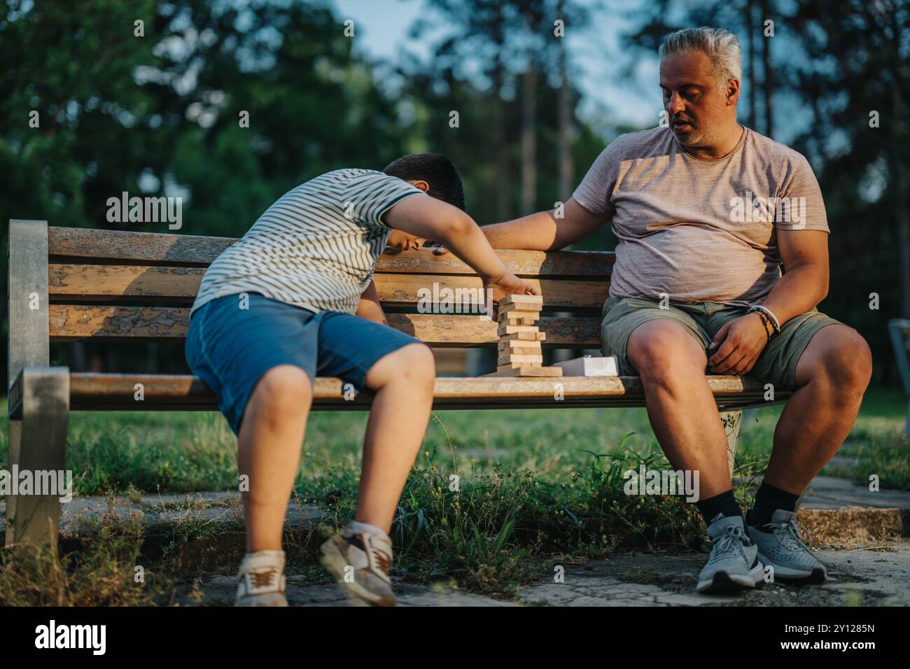Vater und Sohn genießen ein Bausteinspiel im Park Stockfoto