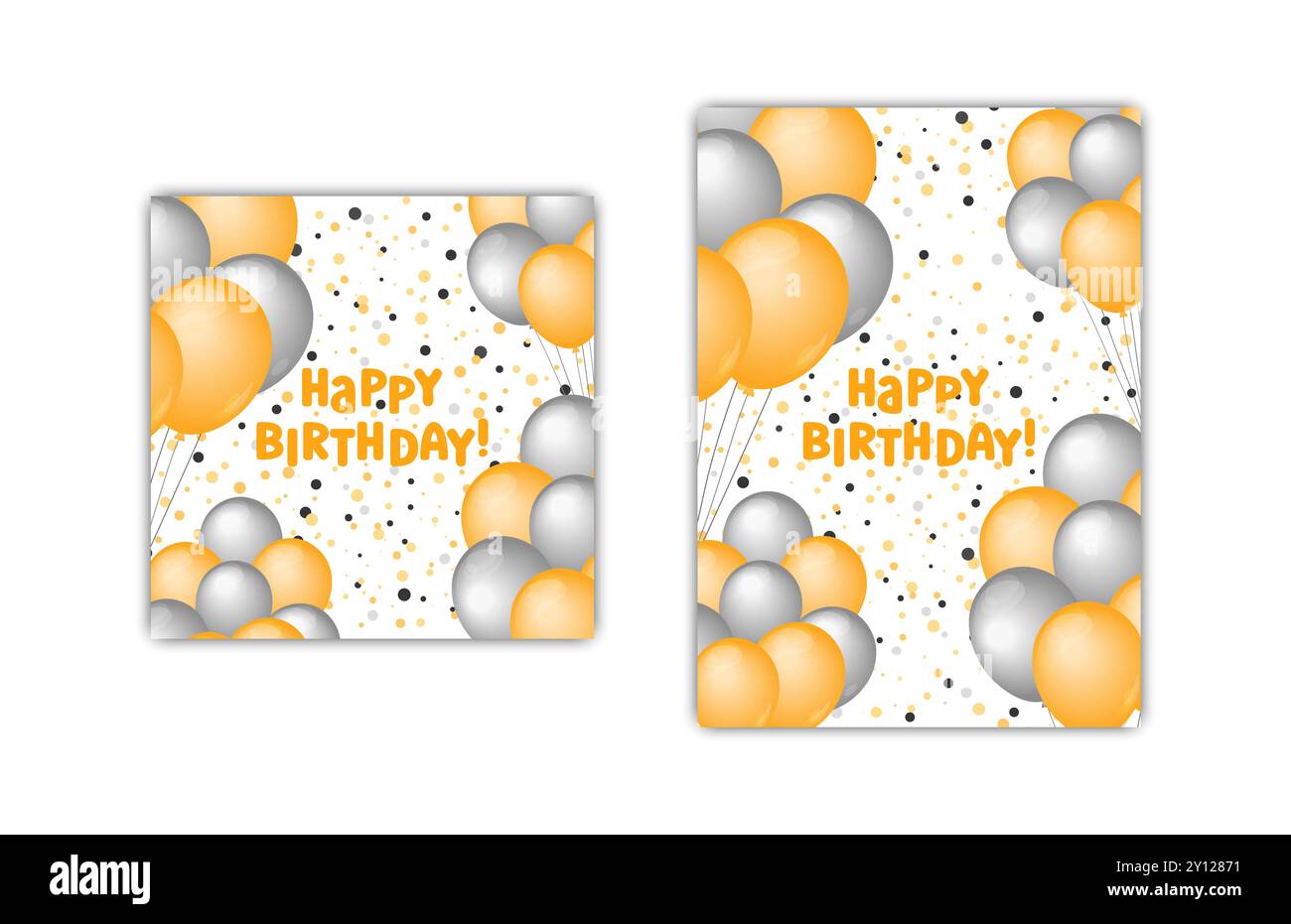 Happy Birthday Grußkarten Set mit 2 Designs. Vektorabbildung. Vorlagen für quadratische und vertikale Grußkarten. Heliumballons Golden und Stock Vektor