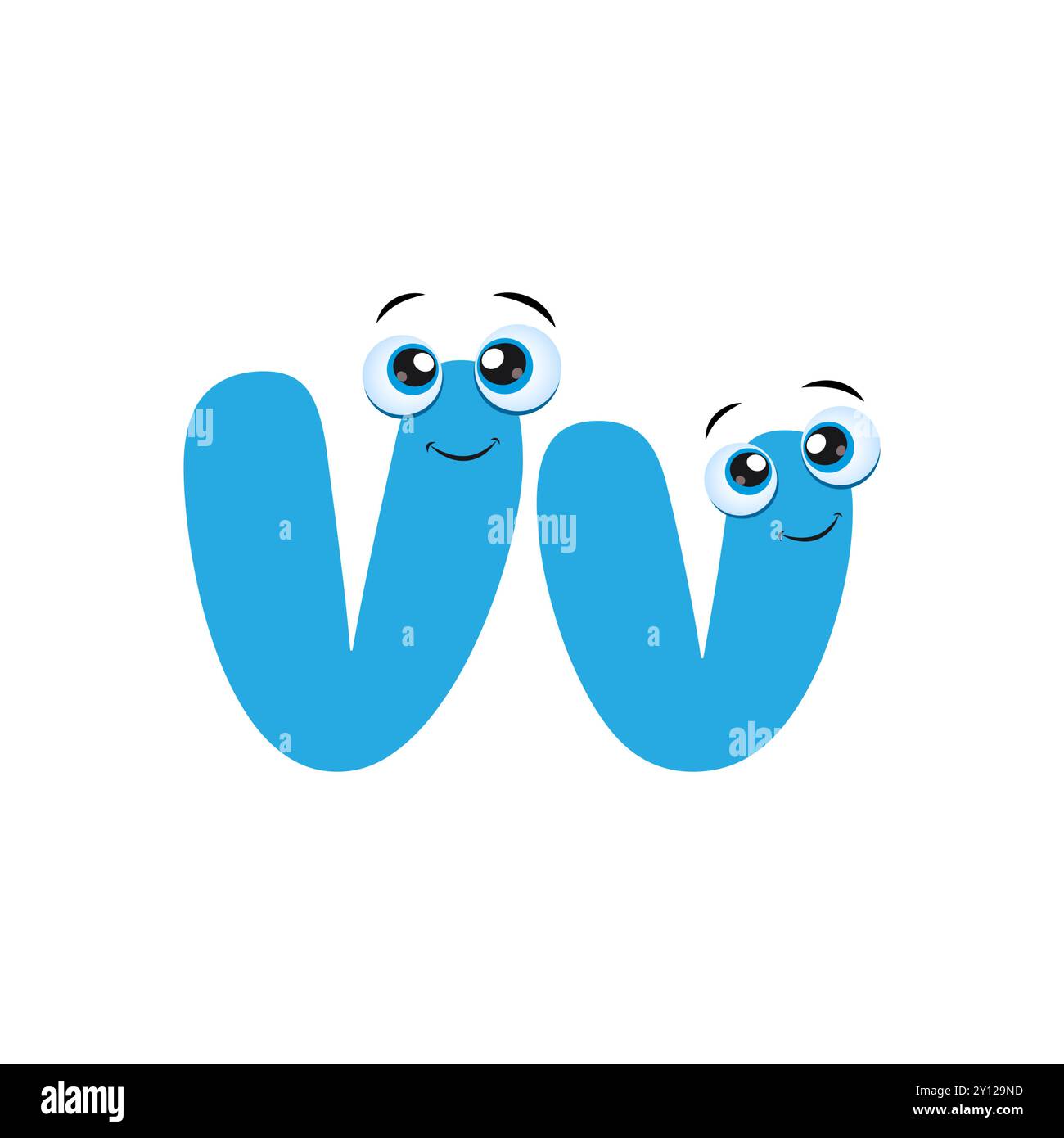 Alphabet süßer blauer Buchstabe V mit Augen. Niedliche ABC-Alphabet-Flash-Karte mit Buchstabe V für Kinder, die englische Vokabeln lernen. Illustration von lustig Stock Vektor