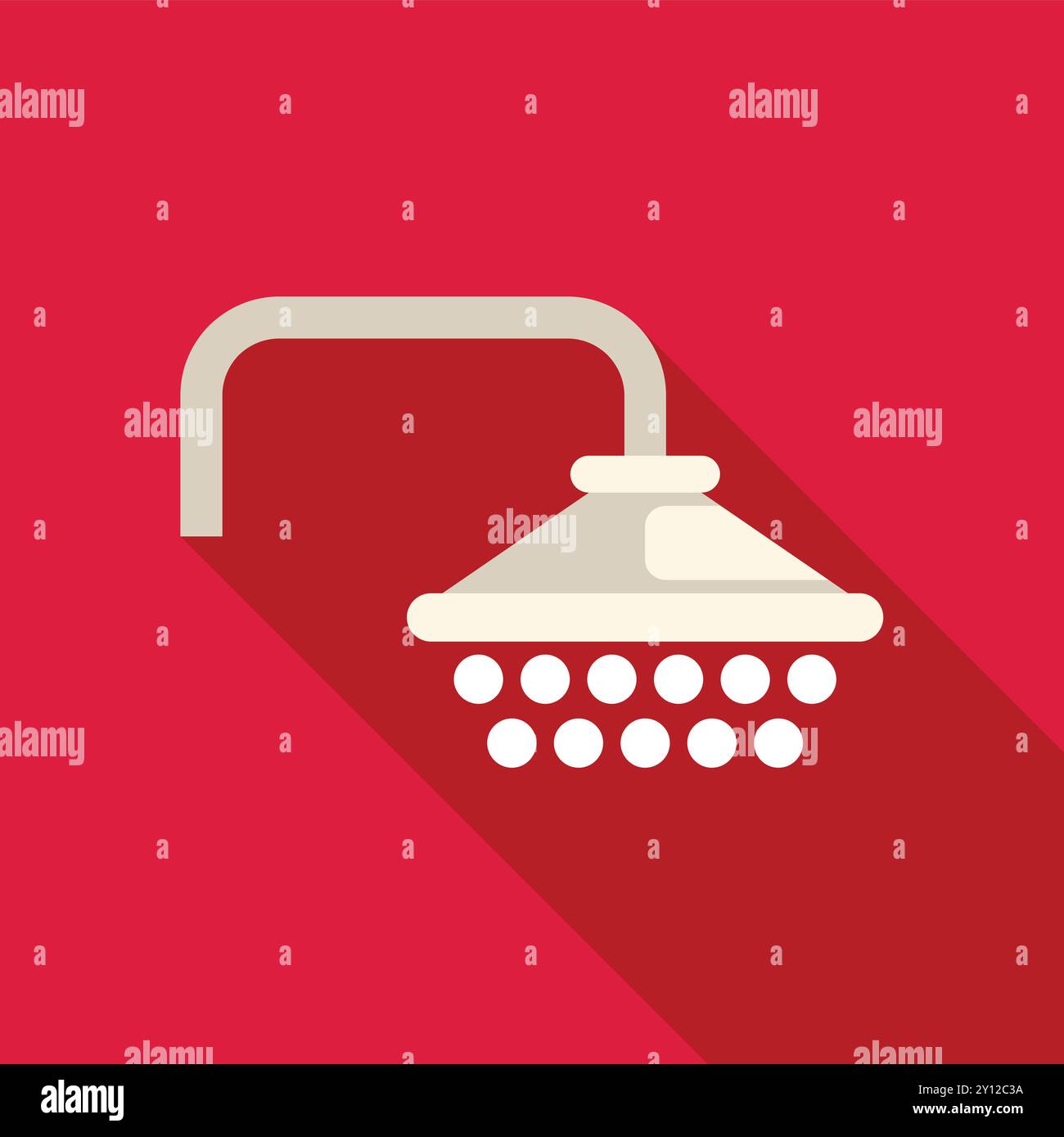 Duschkopf, der Wassertropfen mit langem Schatten auf rotem Hintergrund sprüht, einfache flache Vektorillustration Stock Vektor