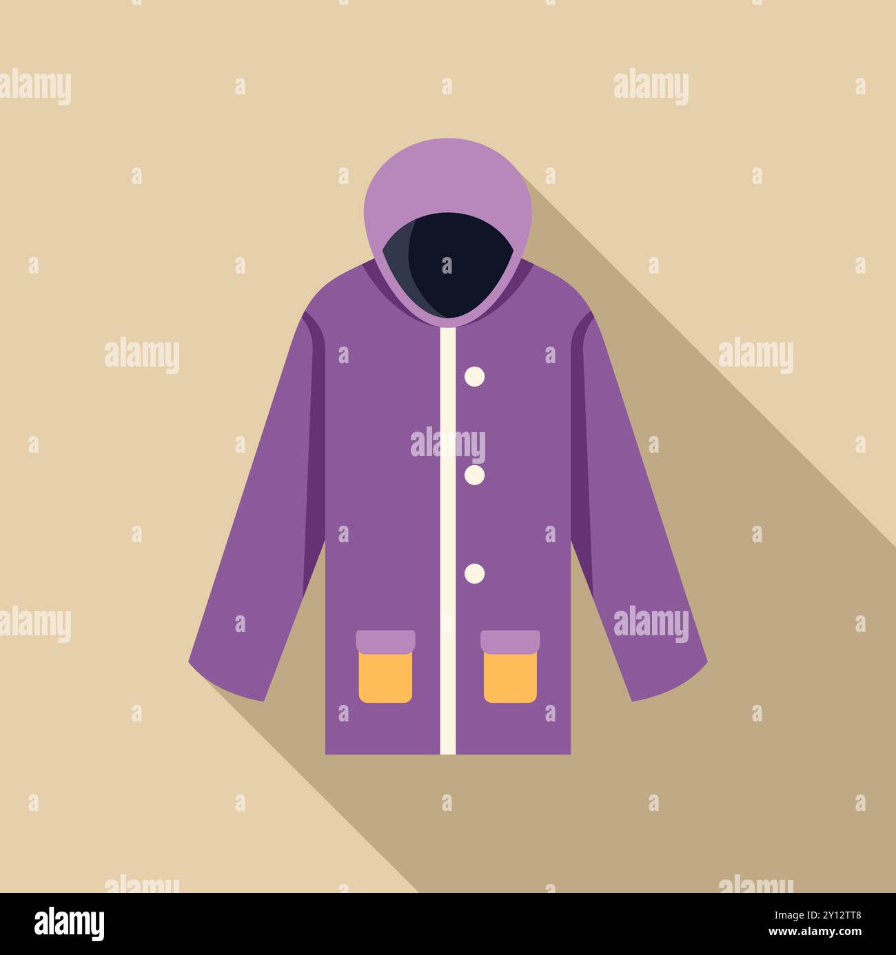 Lila Regenjacke mit Kapuze, die vor Kälte und Regen schützt, flache Vektorillustration mit langem Schatten Stock Vektor