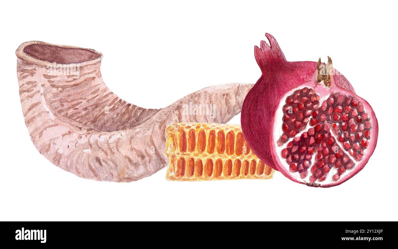 Schofar, Granatapfel, Wabenmalerei, realistische Aquarellkomposition isoliert auf weiß. Hochwertige Designelemente für Rosh Hashanah, Yom Stockfoto